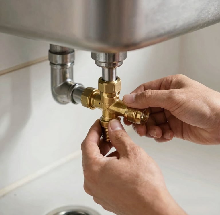 Close-up action shot of a plumber's hands tightening a brass pipe joint under a kitchen sink, natural daylight, sharp focus, 35mm lens.