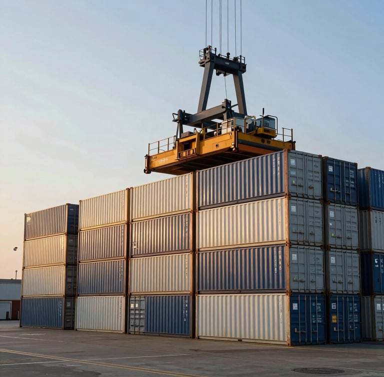 Industrial shipping yard at golden hour, side-lit shipping containers being stacked by a reach stacker, clean geometric lines, high-contrast corporate style