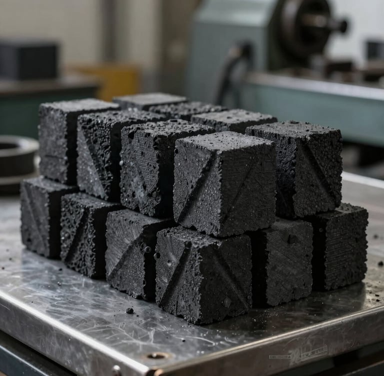 Dramatic side-lit macro shot of uniform geometric charcoal briquettes stacked on a steel factory table, industrial machinery blurred in background.