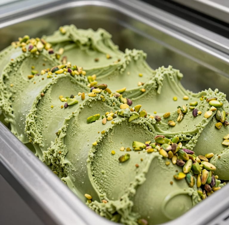 Close-up portrait shot of dense, perfectly structured pistachio gelato pulling from a professional Carpigiani batch freezer, showing rich saturated green texture against clean stainless steel, shallow depth of field.