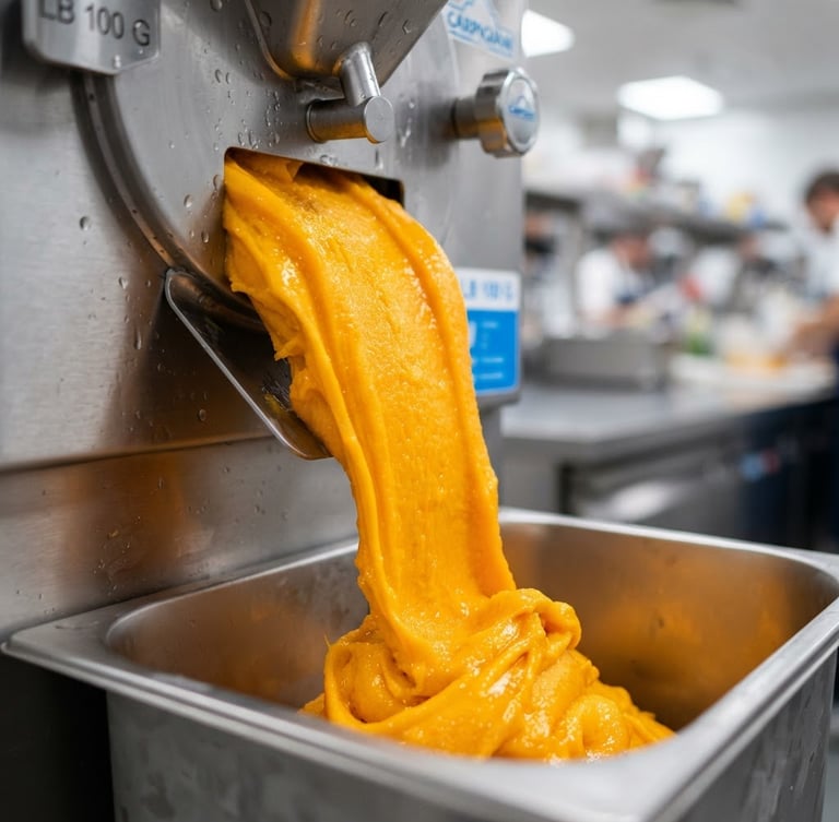 Macro close-up of vibrant mango gelato pulling from a stainless steel Carpigiani batch freezer, crisp culinary laboratory lighting, shallow depth of field