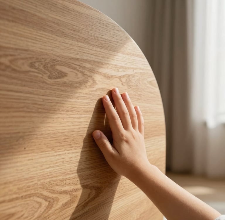 Intimate close-up of a child's hand gently touching a curved, warm oak wall in a sunlit room, soft indirect daylight, Scandinavian minimalist design, calming atmosphere.