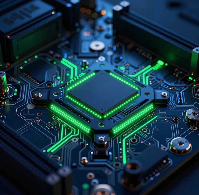 Macro close-up of a high-performance server motherboard, glowing green LED tracers, deep midnight blue shadows, cybernetic industrial design, cinematic 3D render