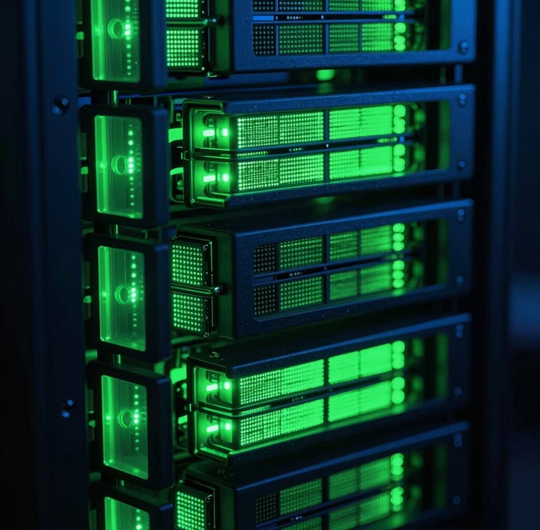 Macro close-up of high-speed server racks glowing with intense neon green LEDs, deep midnight blue shadows, dramatic low-key lighting, cybernetic atmosphere.