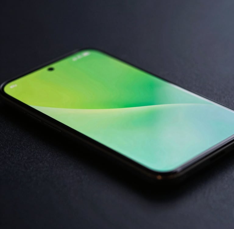 Extreme macro close-up of a high-end Android OLED screen displaying a fluid, neon-green vector transition, moody studio lighting, dark slate background, sharp focus