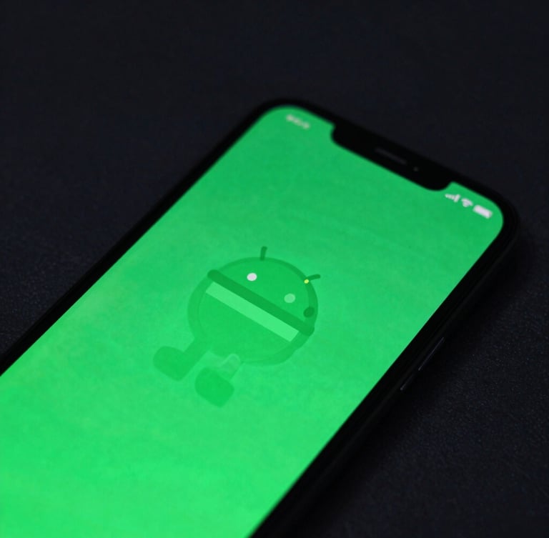 Moody close-up shot of a premium Android mobile screen displaying a fluid, high-fidelity neon green vector animation, dark slate background, sharp focus, low-key studio lighting