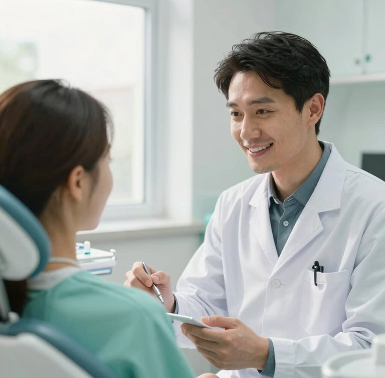 A warm doctor-patient consultation in a bright clinic, soft natural window light, deep calming teal accents, professional dentist explaining a plan with a gentle smile, shallow depth of field