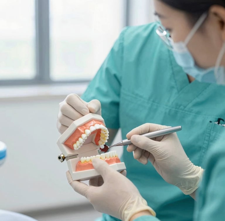 Close-up of a dentist in a teal uniform gently demonstrating a procedure on a model tooth to an attentive patient, bright soft window lighting
