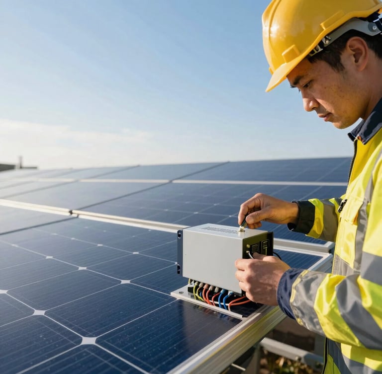 Close-up of an engineer in safety gear inspecting clean wiring on a solar panel inverter, bright morning sunlight, high detail, crisp blue and warm yellow tones. Image bleeds to the left.