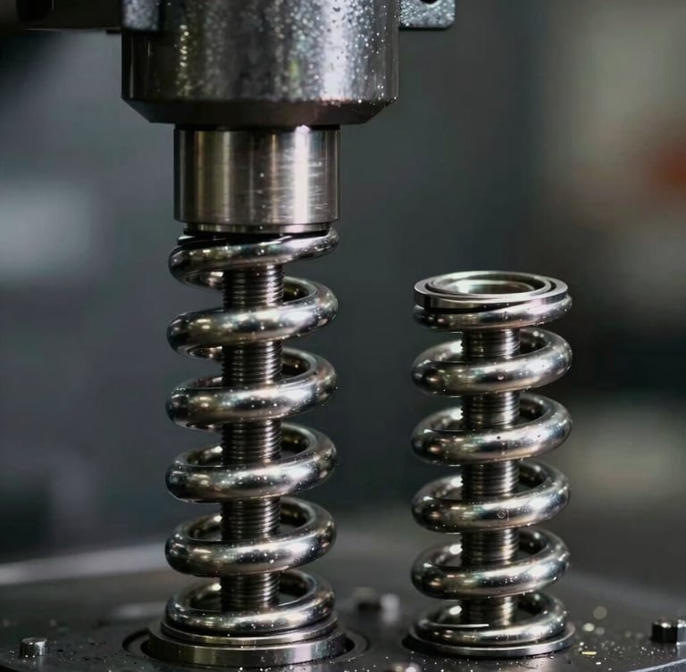 Extreme close-up of a CNC spring coiling machine forming a heavy-duty steel compression spring, high-contrast industrial lighting highlighting metallic sheen and sharp wire curves.