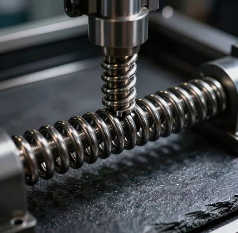 Extreme close-up of a multi-axis CNC spring coiling machine in action, high-contrast industrial studio lighting highlighting the metallic sheen of cold steel wire as it is bent into a precise torsion spring, dark slate background showing wire texture.