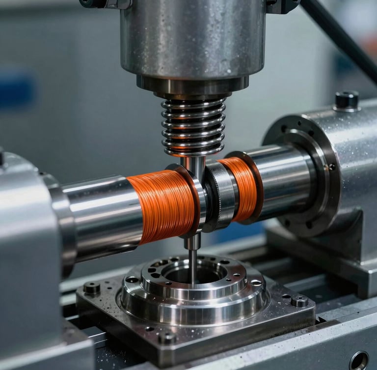 Extreme close-up of a high-precision CNC spring coiling machine, safety-orange tension wire feeding into a steel mandrel, sharp metallic sheen, cold industrial lighting