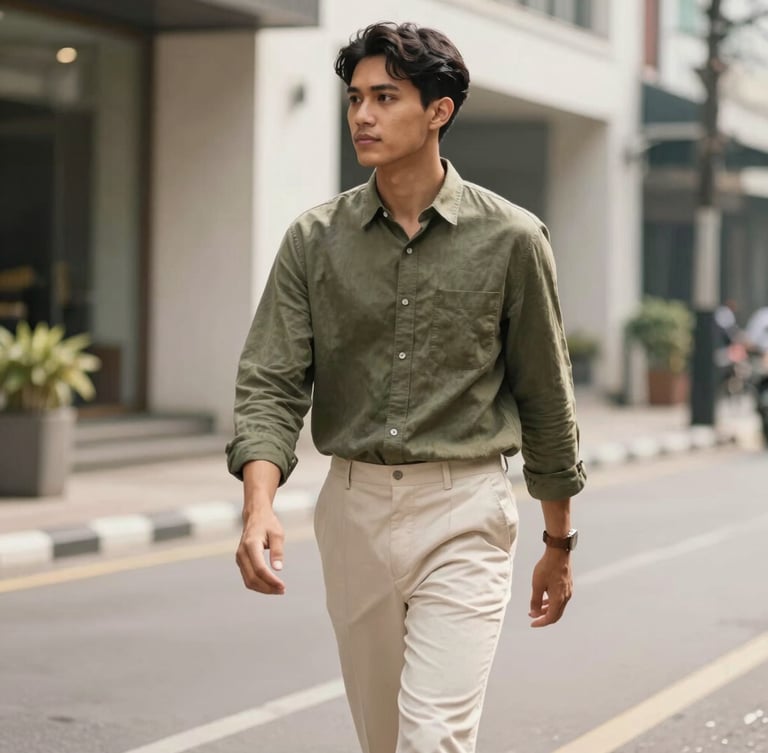 Warm editorial fashion photography of a young Indonesian professional walking in a soft-lit urban street in Jakarta, wearing a coordinated ready-to-wear olive linen shirt and cream trousers, soft natural daylight, clean urban background, muted natural tones, 35mm lens