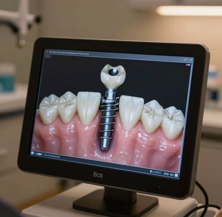 Medium close-up of a high-resolution 3D digital planning screen showing a precise dental implant placement model, soft warm side-lighting, elegant clinical environment.
