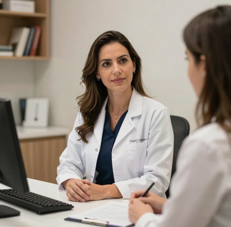 Retrato profissional em plano médio da Dra. Daniela Guimarães em seu consultório premium em Recife, com iluminação natural suave, transmitindo segurança e acolhimento.