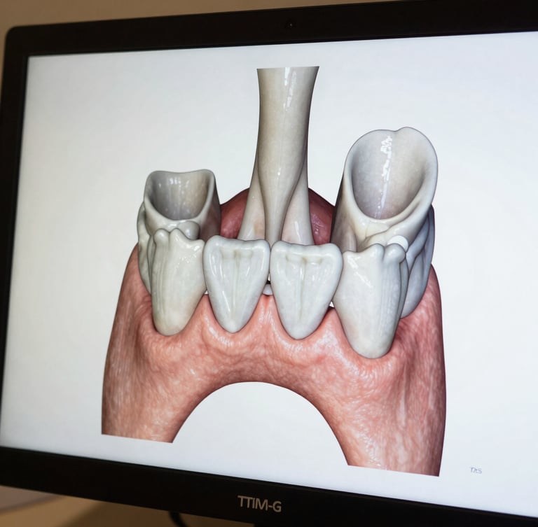 Close-up of a high-resolution 3D digital planning screen showing a detailed TMJ joint structure, soft warm side-lighting, clinical precision and technology.