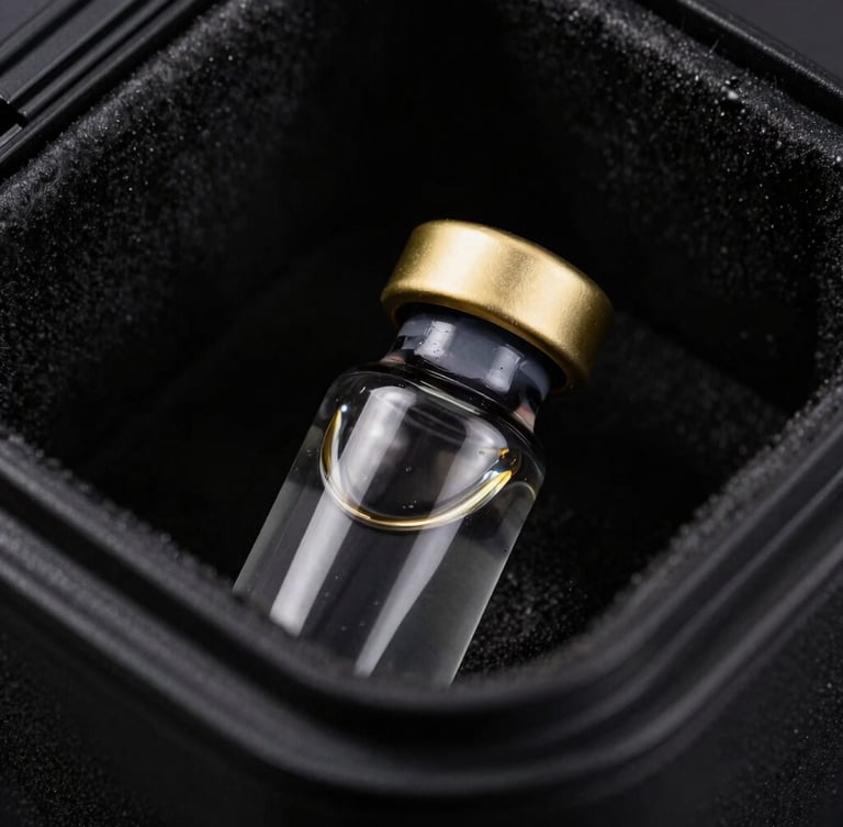 Macro photography of a clinical glass vial resting inside a dark insulated cold-chain container, sharp gold reflections on the glass cap, matte black background, dramatic studio lighting, high contrast