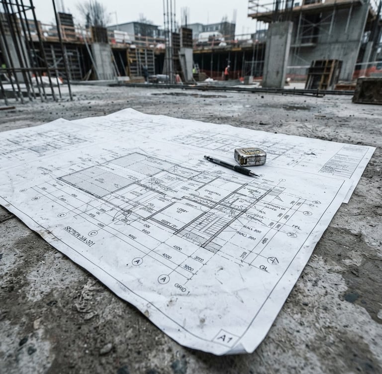 Sharp architectural photograph, close-up of technical plans on a concrete surface at a construction site, high contrast, overcast daylight, desaturated tones.
