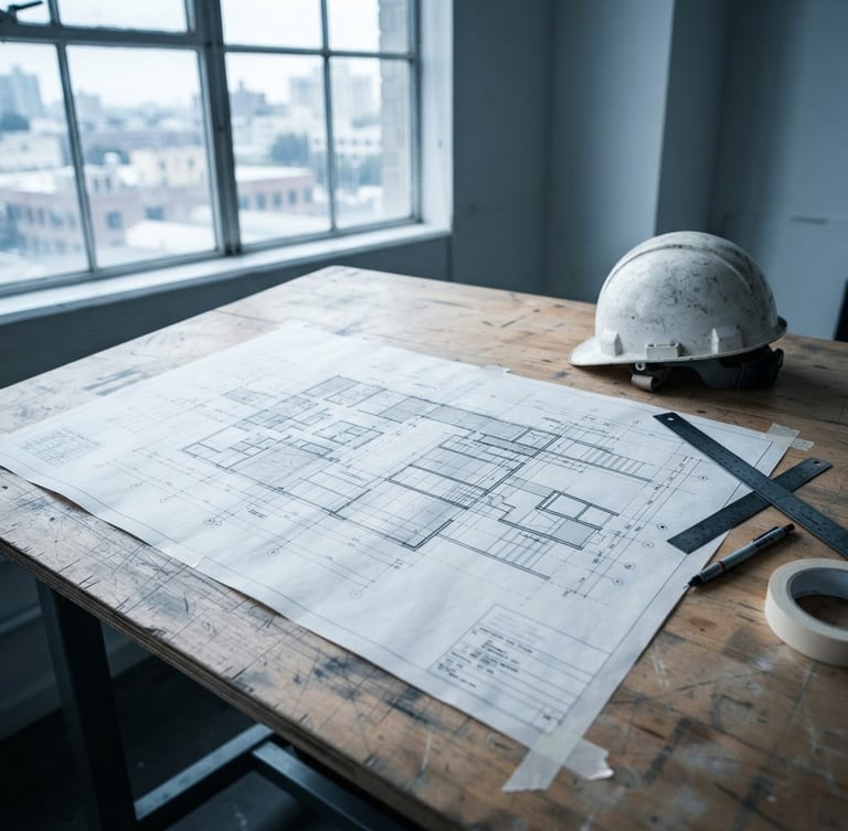 Sharp architectural drawing on a wooden table next to a safety helmet, natural daylight from a window, high contrast, cool desaturated tones.