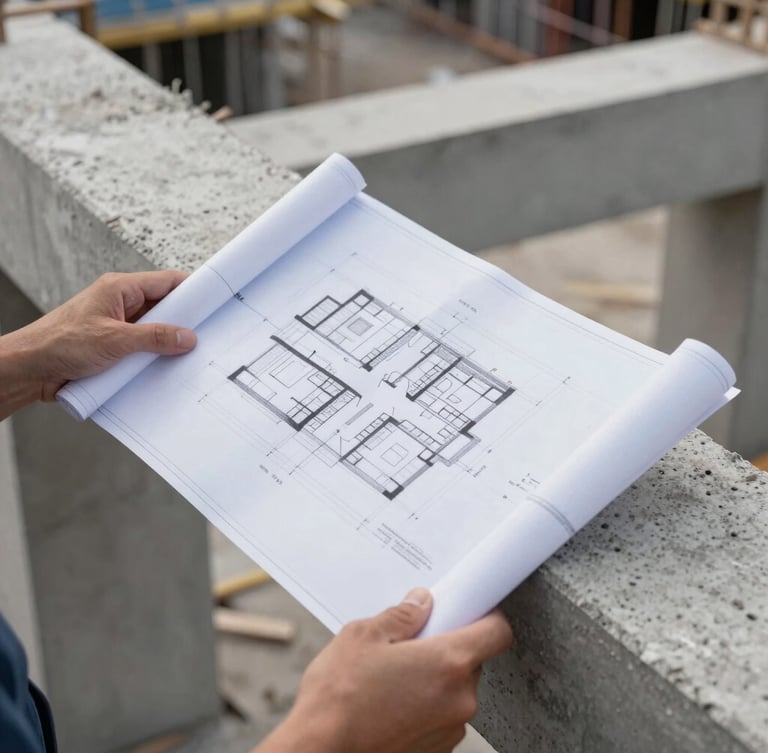 Close-up of hands holding architectural plans over a concrete structural beam on an active construction site, sharp focus, natural daylight.