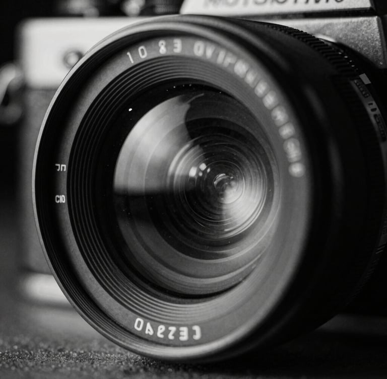 Extreme close-up of a high-contrast 35mm film camera lens reflecting dramatic studio lights, stark shadows, cool-toned monochrome, raw cinematic texture.