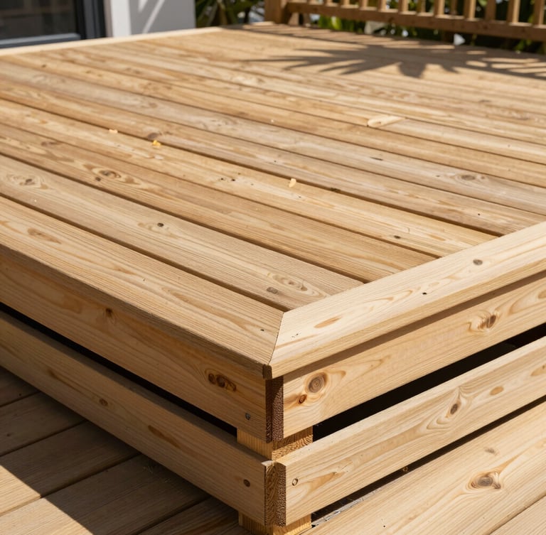 Straight-on shot of a completed wooden deck repair under bright Florida sun, clean cuts and solid construction details visible