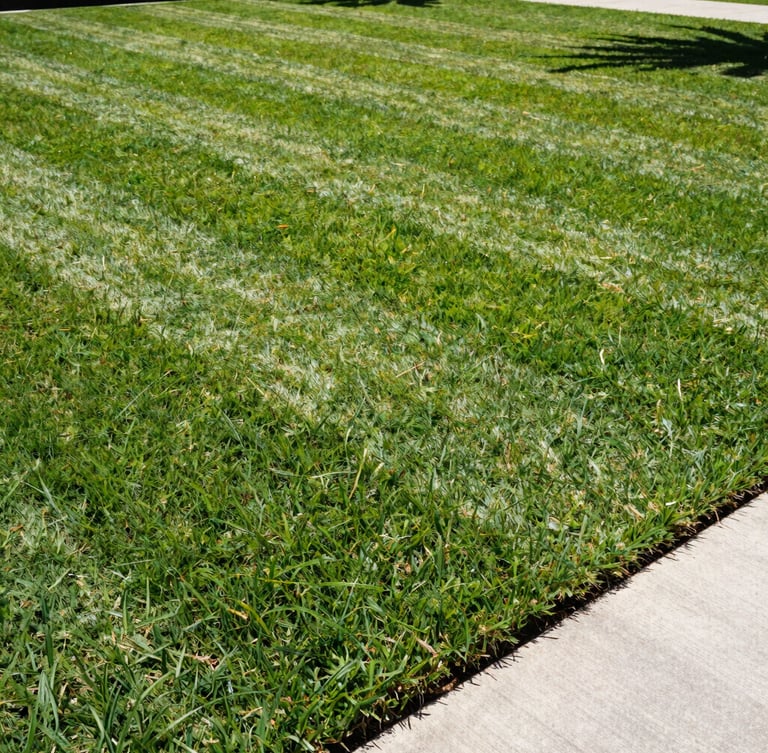 Wide angle shot of a perfectly manicured lawn with sharp green stripes under intense Florida midday sun, concrete driveway edge visible.