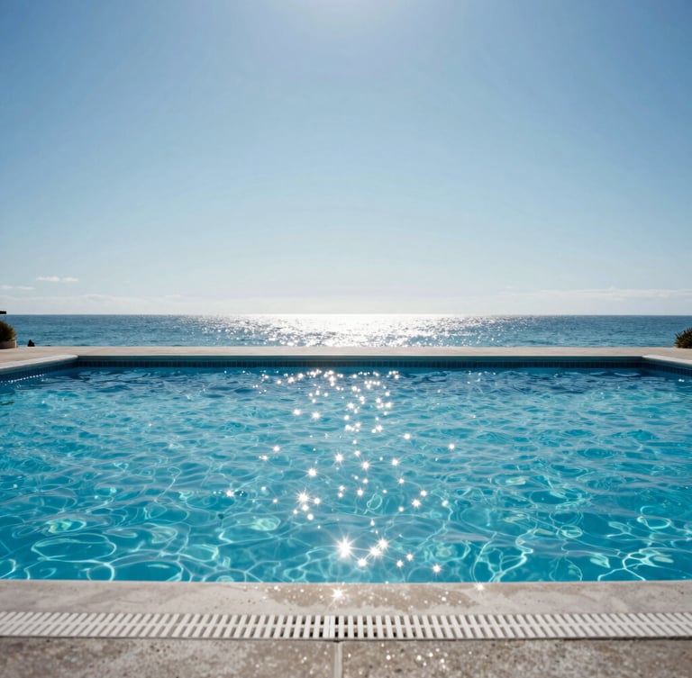 Wide-angle straight-on shot of a pristine sparkling blue swimming pool under bright harsh Florida midday sun, concrete deck, clear sky