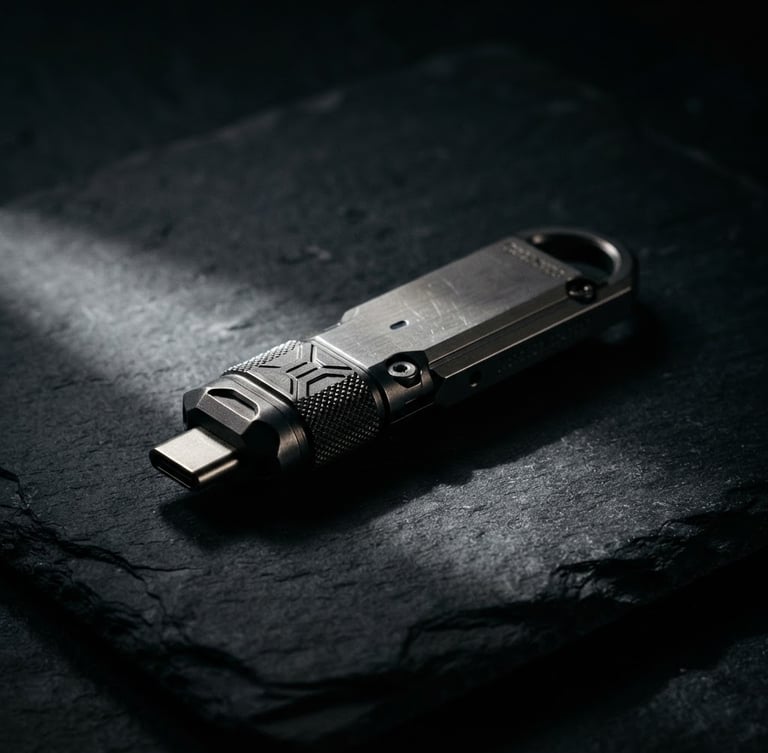 Dramatic close-up of a high-end cryptographic physical key lying on a dark slate surface, single sharp white light source from the side, deep shadows, premium professional atmosphere