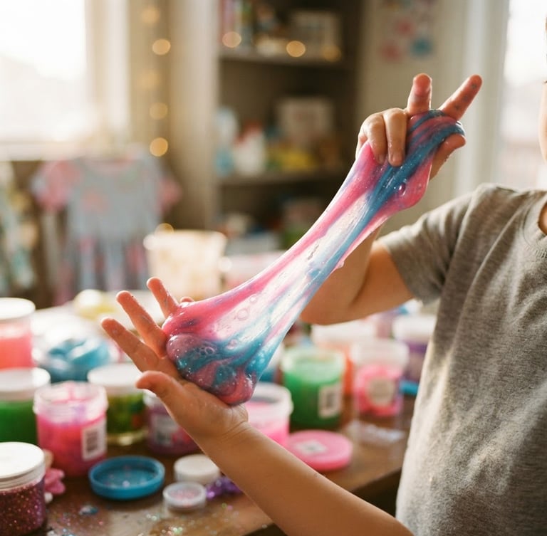 A child's hands stretching bright pink and blue slime, with other colorful slime containers blurred in the background, vibrant and energetic, natural light, shallow depth of field, 35mm film.