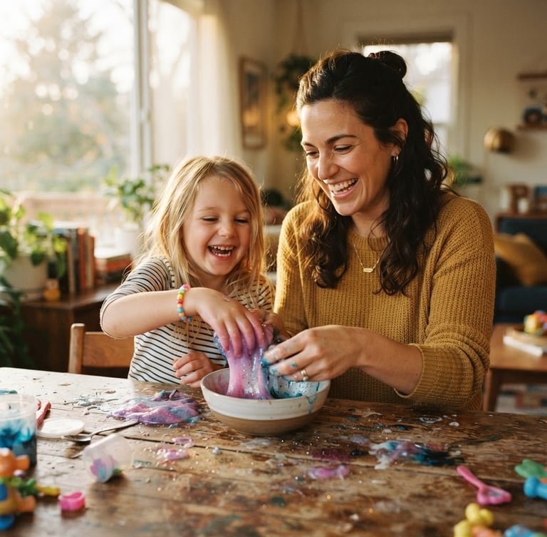 Candid shot of a child and parent laughing together, mixing colorful slime on a rustic wooden table, soft golden-hour light filtering through a window, shallow depth of field, 35mm film style.