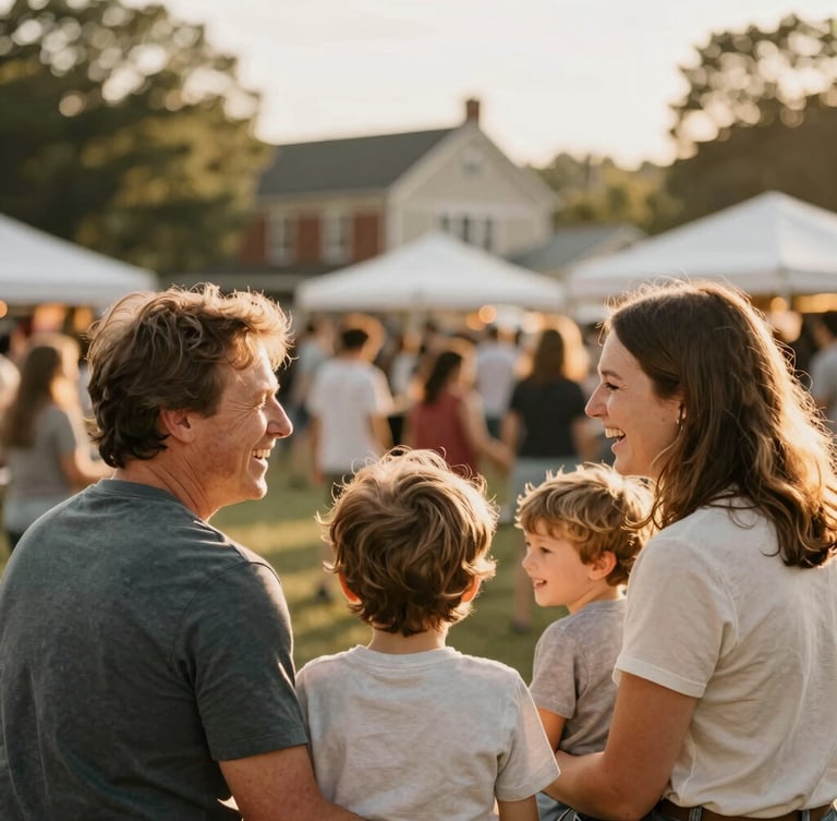 Warm, sun-drenched image of a family (parents and children) laughing together at a local community event in Chester County, shallow depth of field, golden hour, nostalgic tones.