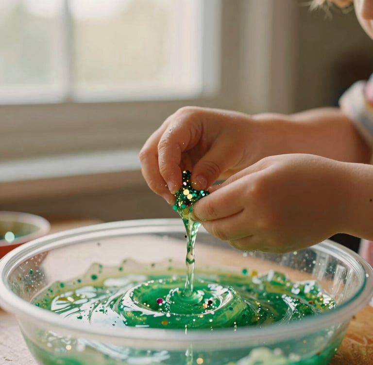 Close-up of a child's hands carefully pouring glitter into a bowl of green slime, vibrant colors, natural light from a window, shallow depth of field, 35mm film.