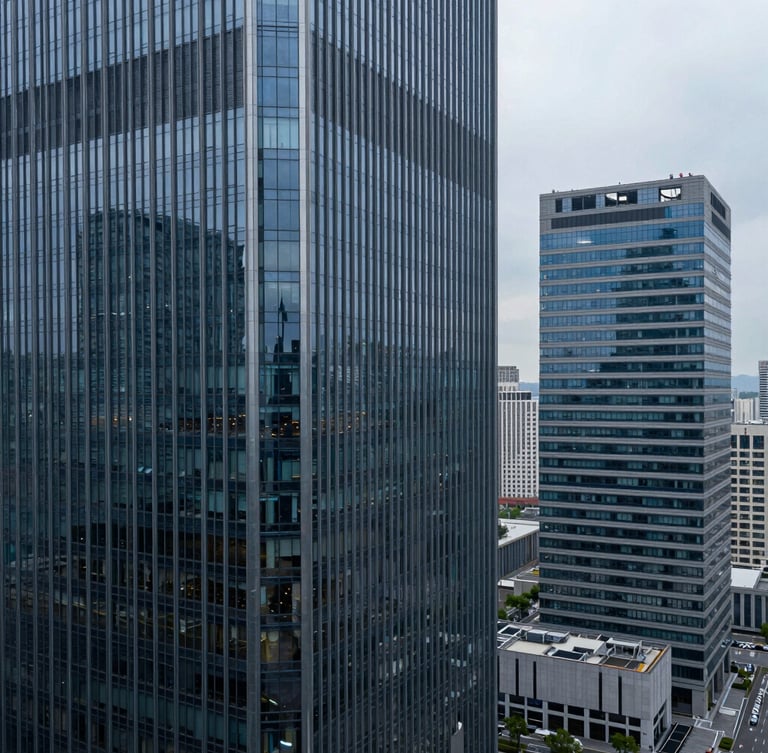 High-angle architectural shot of corporate skyscrapers with clean glass facades reflecting cool overcast daylight, projecting permanence and financial security.