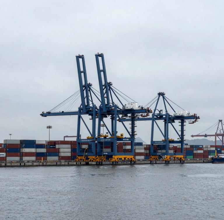 Wide-angle architectural shot of a massive deep-water container terminal, cool overcast daylight, towering blue gantry cranes, stacked maritime containers, slate gray water.