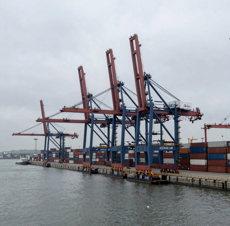 Wide-angle architectural view of a massive deep-water container terminal with massive cranes, cool overcast daylight, slate gray and deep navy tones, clinical composition.