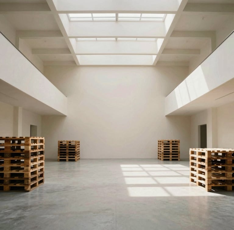 Symmetrical architectural shot of a modern, clean warehouse interior with high ceilings, soft natural light streaming in, wooden pallets, editorial fashion logistics style.