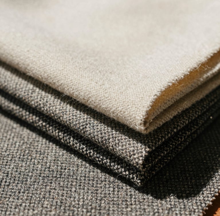 Close-up of premium wool and tweed fabrics, neatly folded, high-contrast editorial shadows, soft natural gallery lighting, medium format film