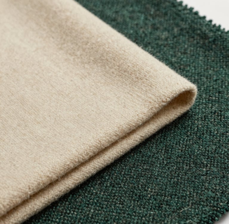 Close-up of premium folded wool and tweed fabrics in warm cream and deep green tones, soft natural gallery lighting, editorial fashion photography
