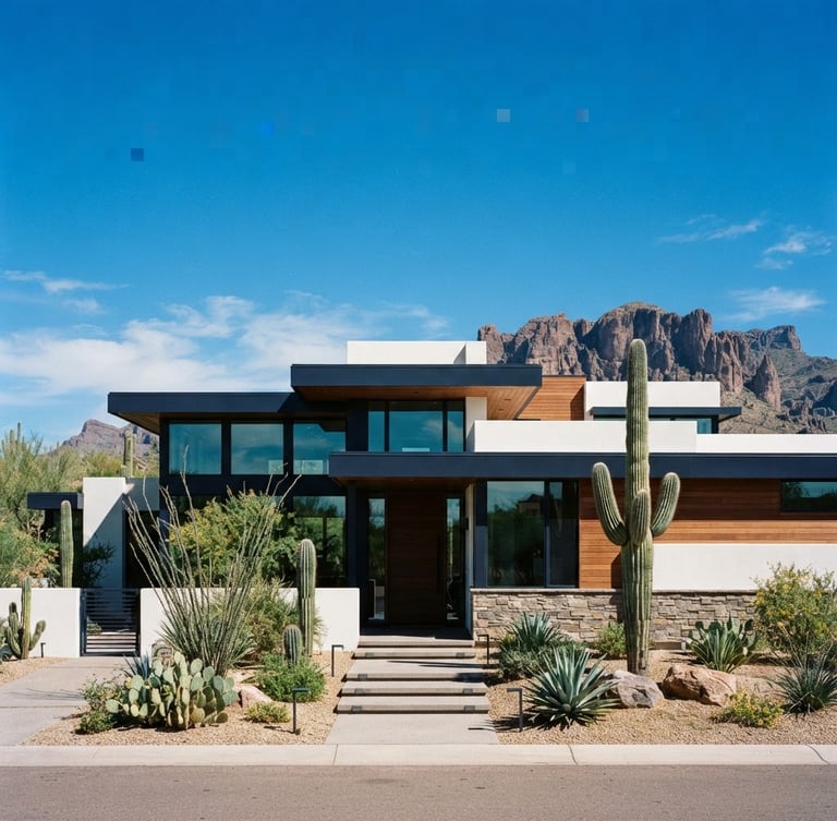 Bright natural Arizona daylight illuminating a modern desert-modern residential home in Mesa, clean architectural lines, deep blue sky, 35mm editorial corporate photography.