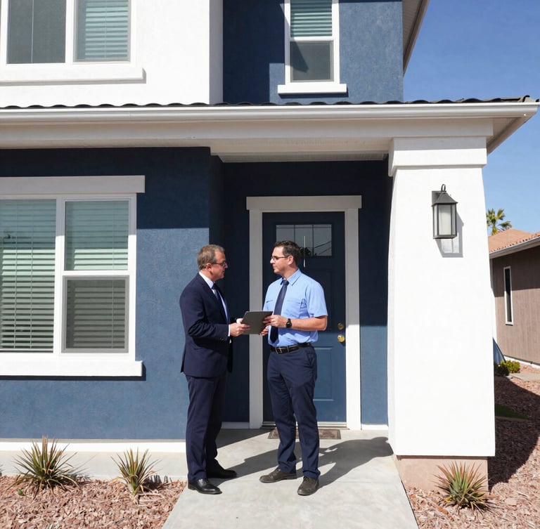 A professional insurance advisor inspecting the exterior of a modern Mesa residential home, bright Arizona daylight, natural interaction, 35mm editorial photography