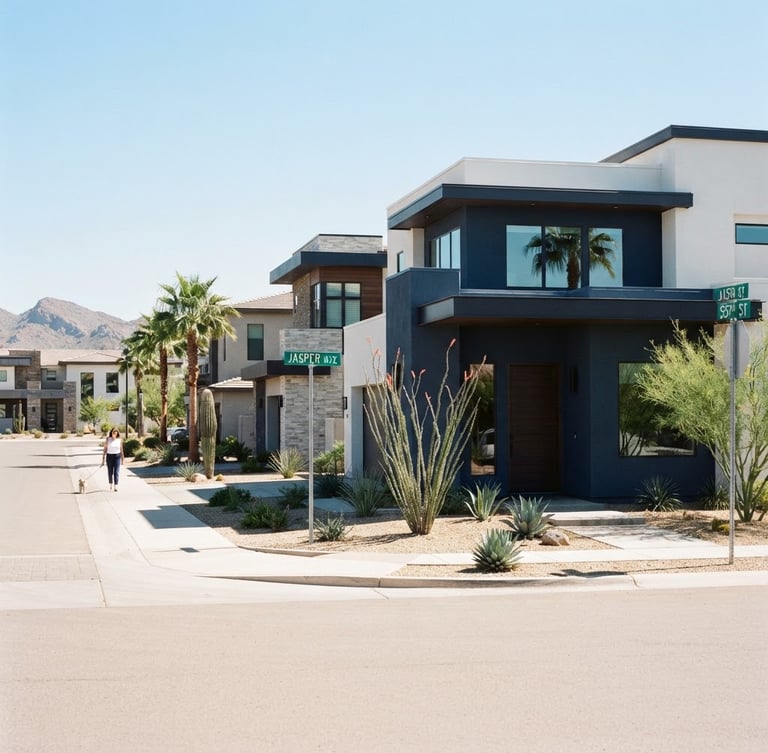 A bright Arizona daylight editorial shot of a modern Mesa residential streetscape with clean architectural lines, deep navy shadows, 35mm.