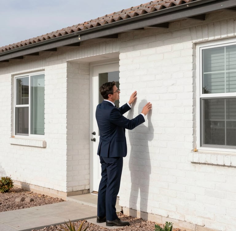 An insurance advisor in professional attire inspecting the exterior brickwork of a modern Mesa residence, bright Arizona daylight, natural shadows, editorial corporate style.