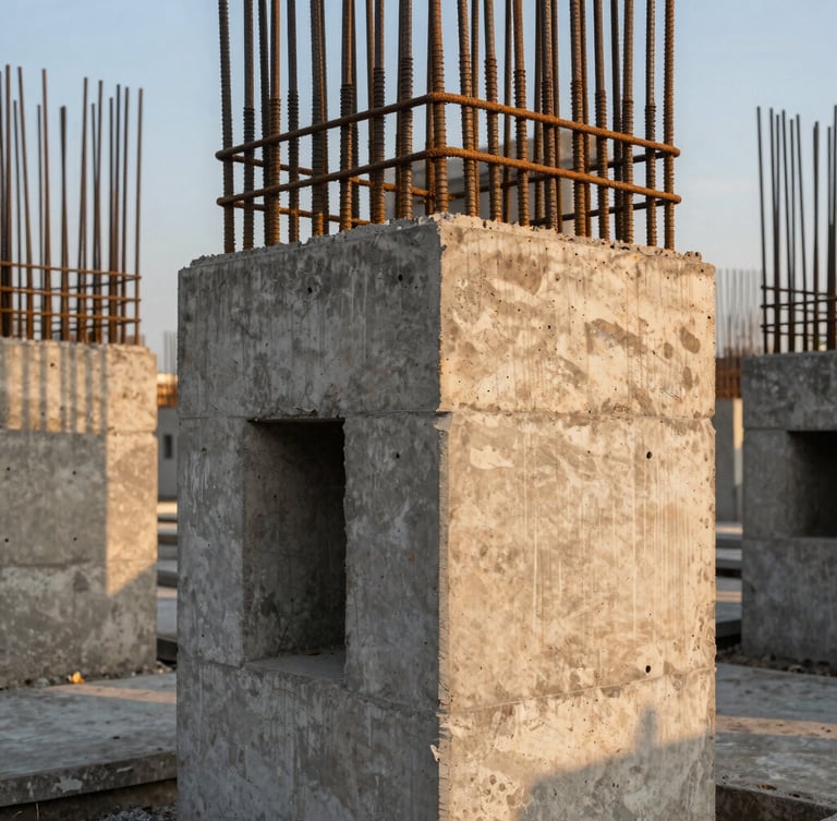 Close-up of a massive concrete foundation structure with exposed steel rebar, industrial scale, golden hour light highlighting the texture of raw concrete