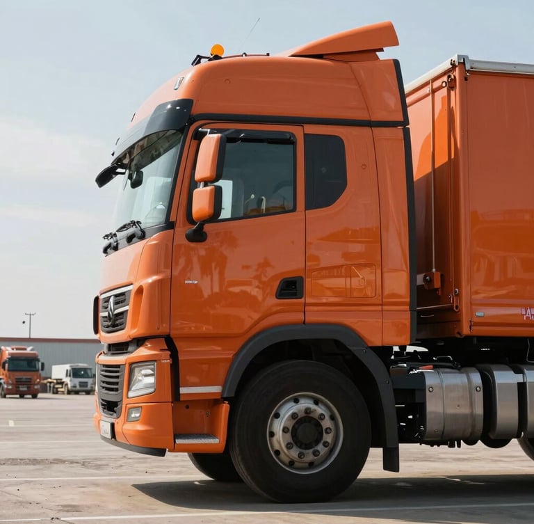 Portrait shot of a heavy-duty orange transport truck cabin parked in a dry-port terminal, low-angle heroic framing, harsh daylight reflecting off the metallic surface.