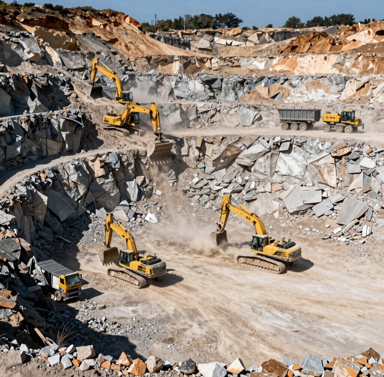 Wide panoramic view of an active dusty quarry at midday, massive yellow excavators loading branded dump trucks, harsh sunlight highlighting the raw rock face.