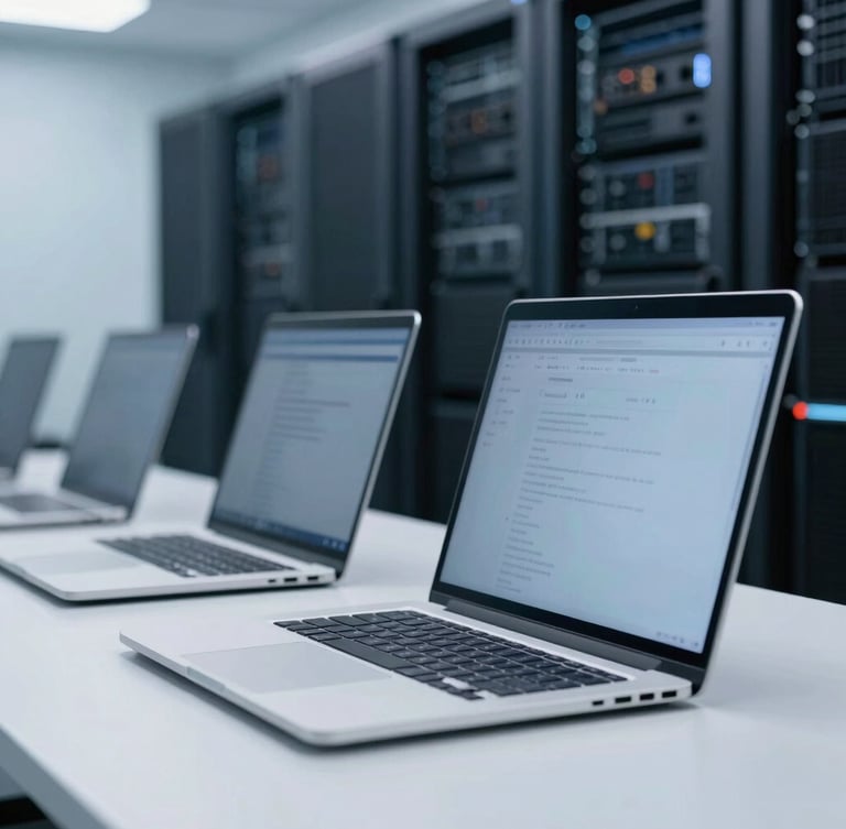 Close-up of clean corporate technology, professional workstation with high-end laptops and a server rack blurred in the background, cool blue tones