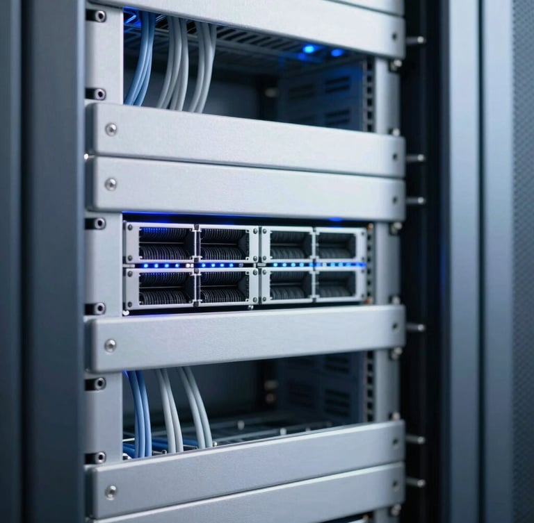 Close-up of clean, organized server rack cabling with soft blue indicator lights, focus on structured network architecture, crisp corporate photography