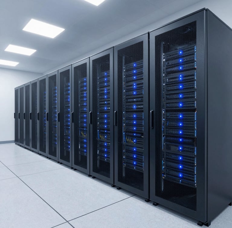 Wide architectural shot of a modern enterprise server room with clean blue status lights, structured cabling, cool corporate lighting, 35mm lens