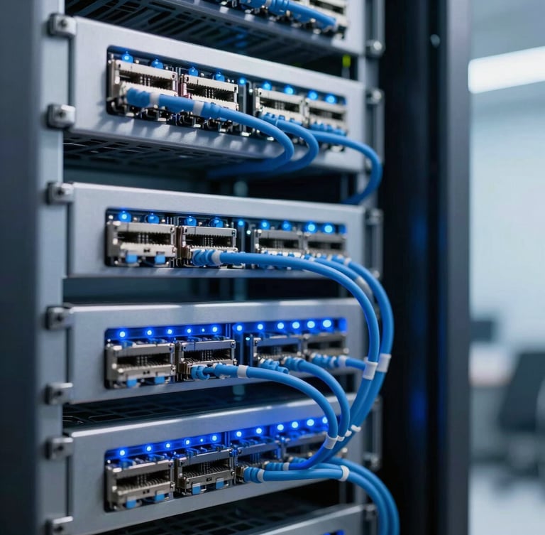 Macro shot of modern enterprise server rack with clean blue LED indicator lights, organized ethernet cabling, cool corporate lighting, shallow depth of field.